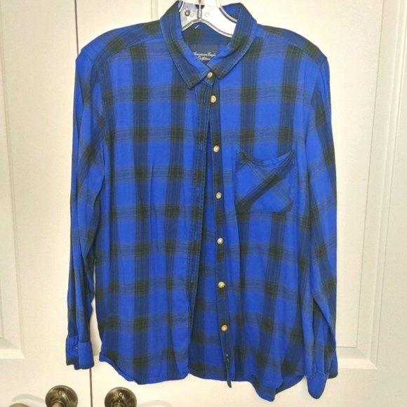 American Eagle Blue plaid button down shirt XL - Picture 1 of 6